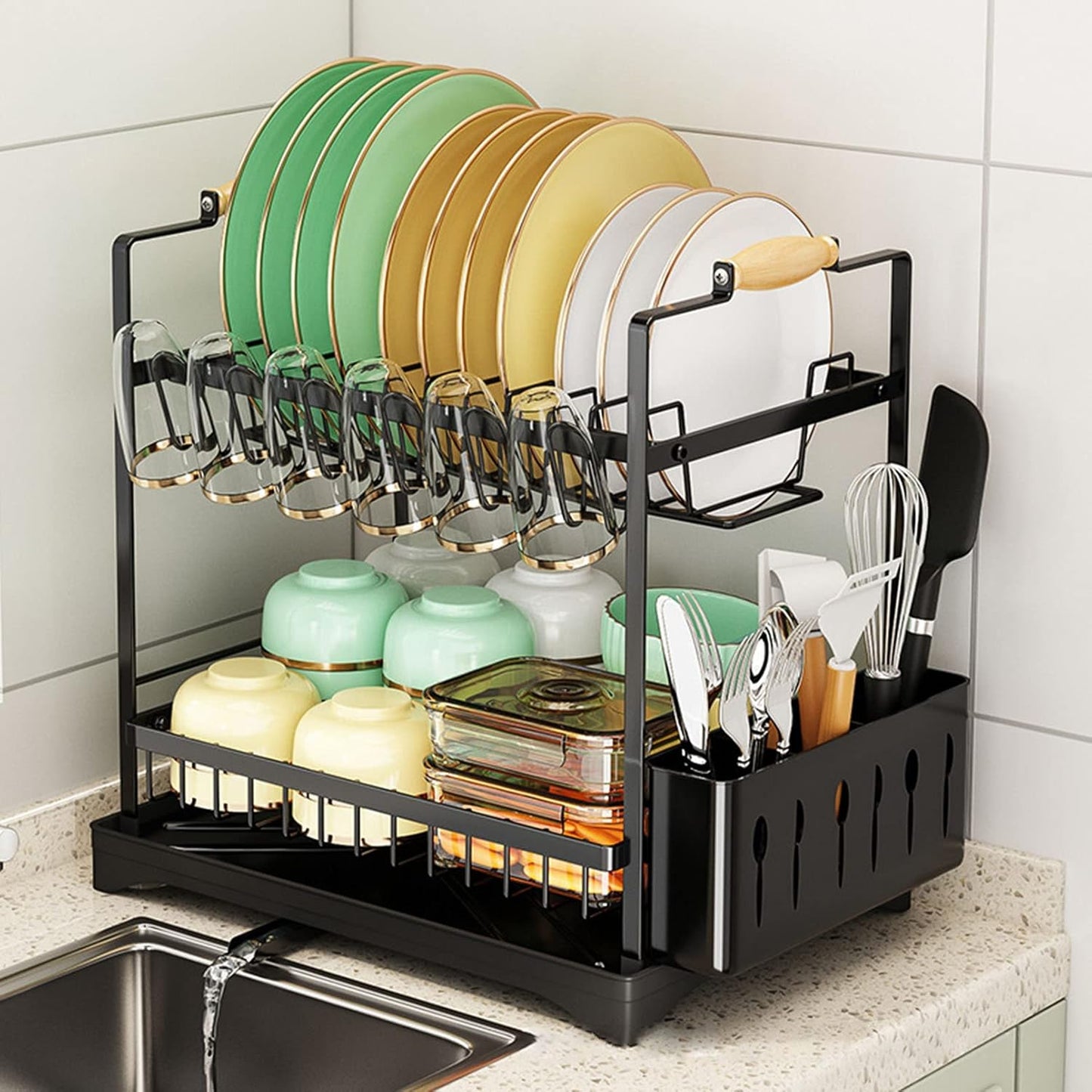 Carla Home 2 Tier Large Dish Drying Rack With Drainboard Utensil Holder Glass Hooks & Cutlery Storage (Black)