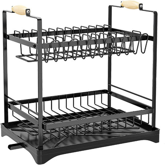 Carla Home 2 Tier Large Dish Drying Rack With Drainboard Utensil Holder Glass Hooks & Cutlery Storage (Black)