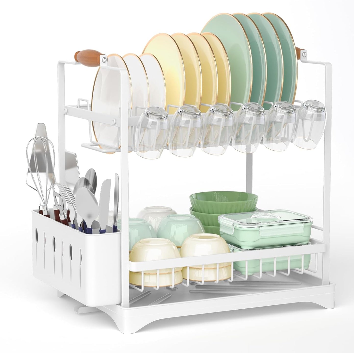 Carla Home 2 Tier Large Dish Drying Rack With Drainboard Utensil Holder Glass Hooks & Cutlery Storage (White)