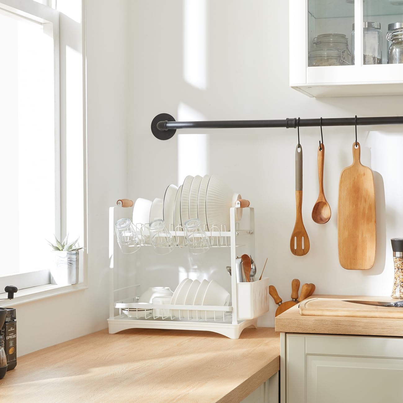 Carla Home 2 Tier Large Dish Drying Rack With Drainboard Utensil Holder Glass Hooks & Cutlery Storage (White)