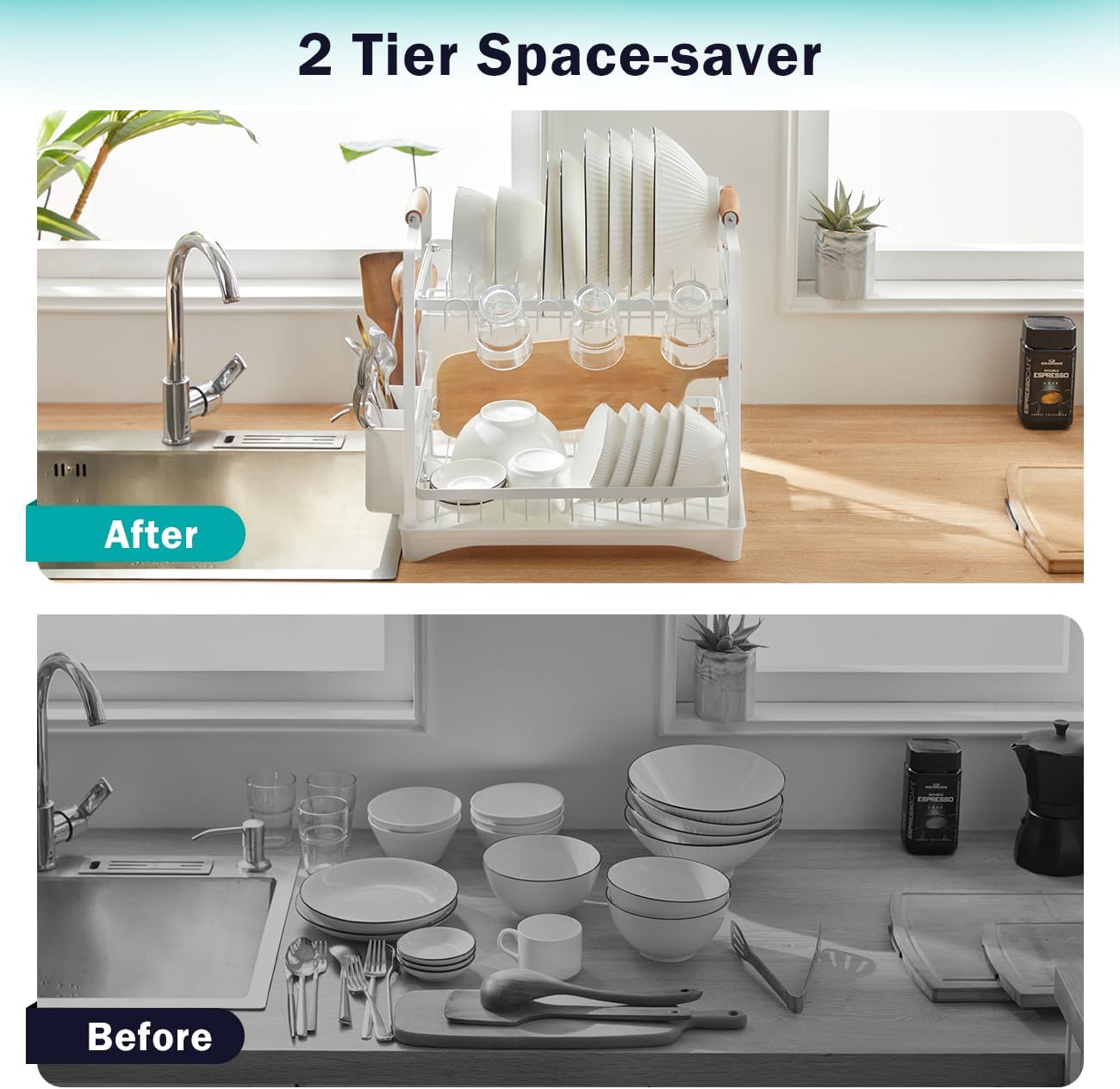Carla Home 2 Tier Large Dish Drying Rack With Drainboard Utensil Holder Glass Hooks & Cutlery Storage (White)