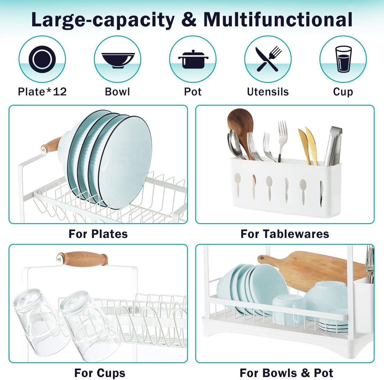 Carla Home 2 Tier Large Dish Drying Rack With Drainboard Utensil Holder Glass Hooks & Cutlery Storage (White)