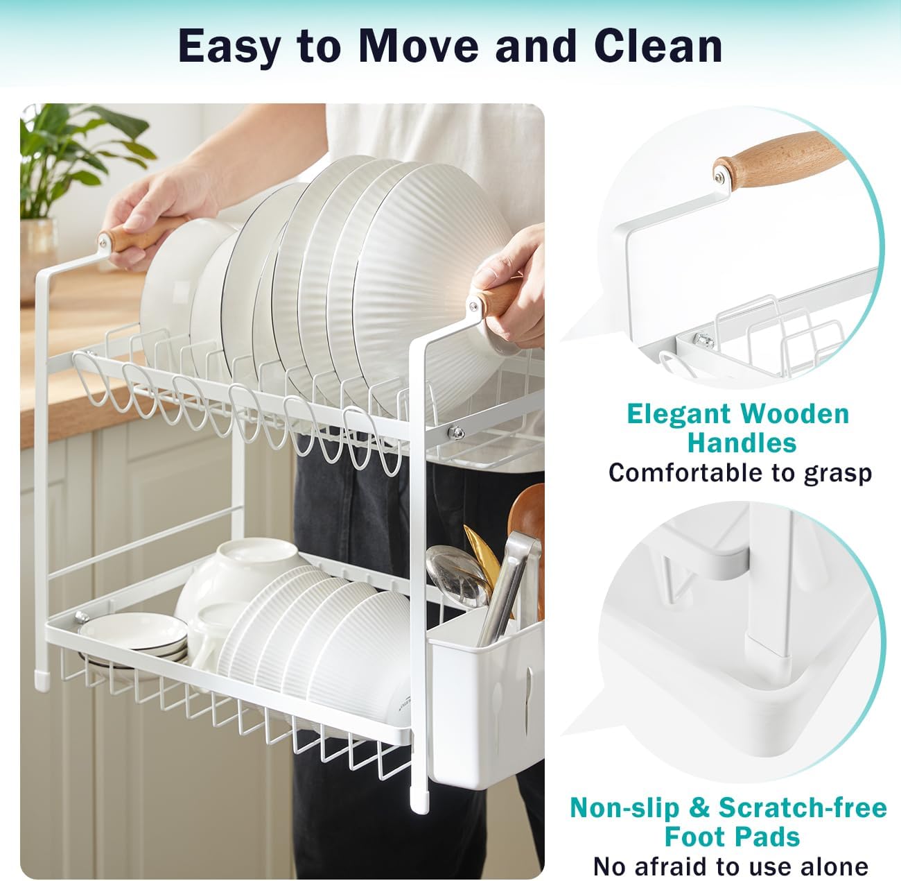 Carla Home 2 Tier Large Dish Drying Rack With Drainboard Utensil Holder Glass Hooks & Cutlery Storage (White)