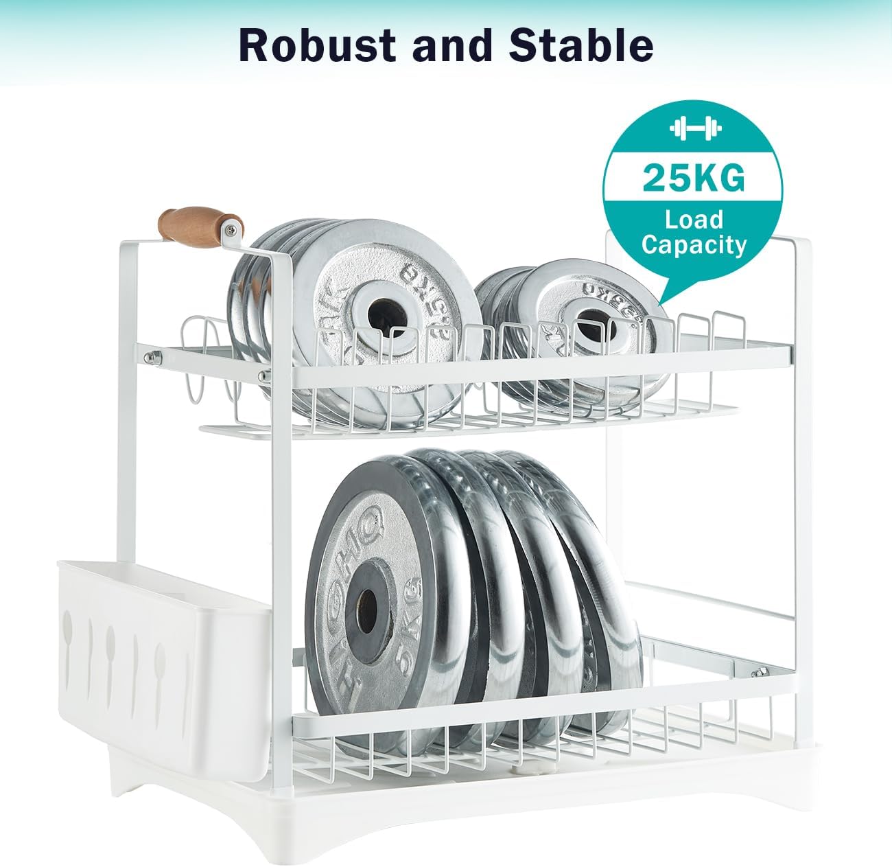Carla Home 2 Tier Large Dish Drying Rack With Drainboard Utensil Holder Glass Hooks & Cutlery Storage (White)