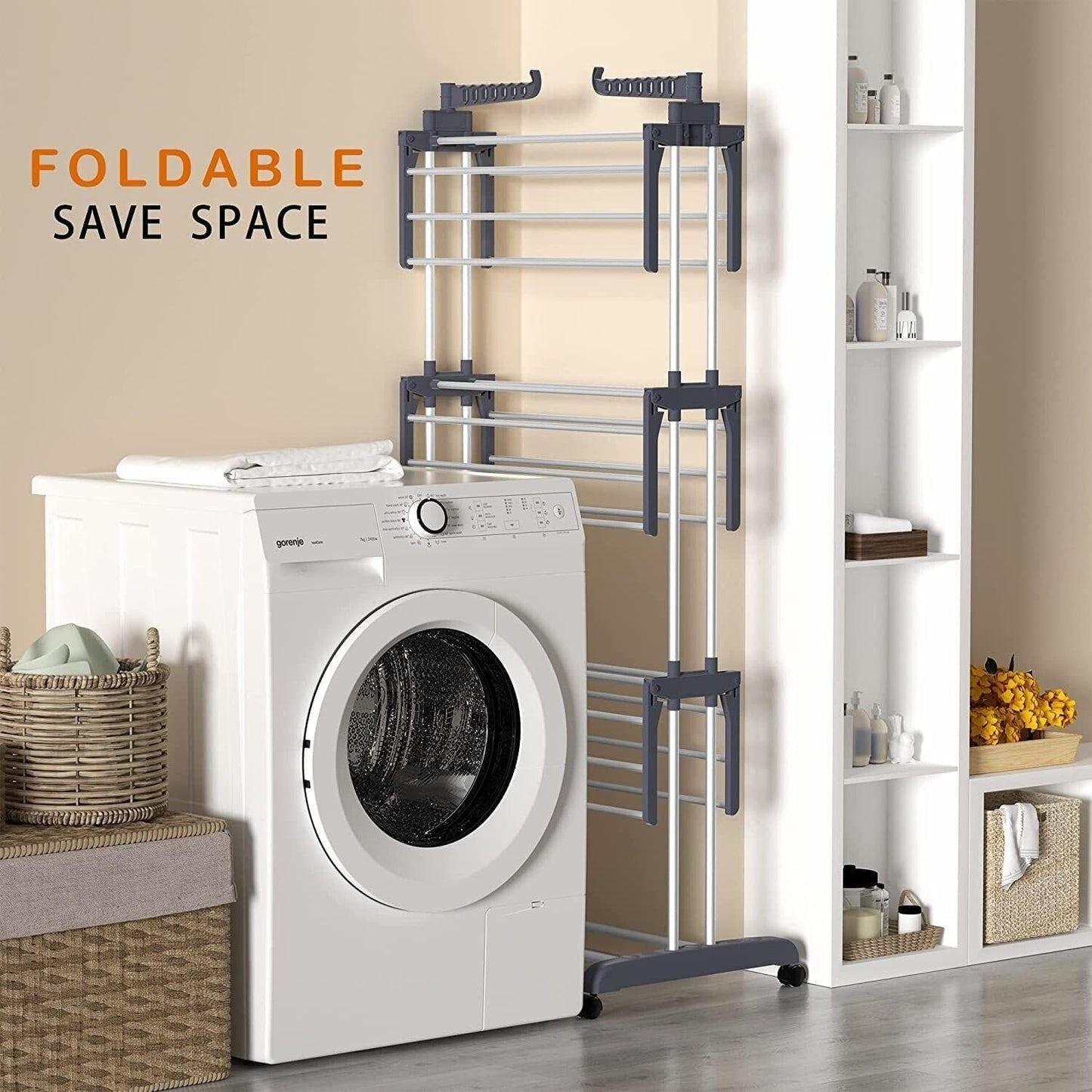Carla Home Folding Clothes Drying Rack With Wheels And Adjustable Side Wings For Laundry Storage (Upgraded Model)