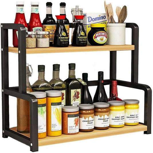 Carla Home 2 Tier Wooden Kitchen Countertop Spice Rack For Storage Of Condiments Oils Jars & Seasoning Bottles