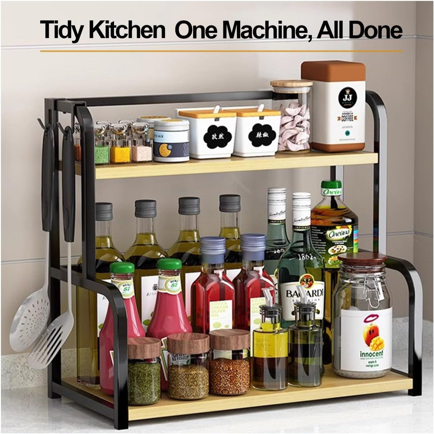Carla Home 2 Tier Wooden Kitchen Countertop Spice Rack For Storage Of Condiments Oils Jars & Seasoning Bottles
