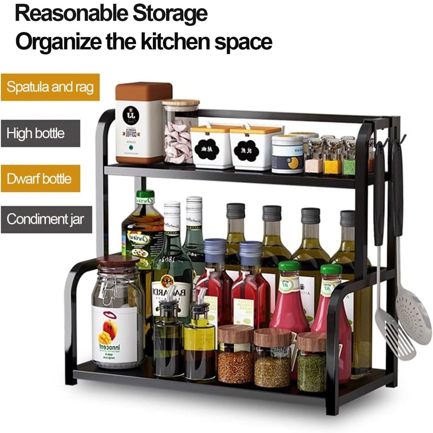 Carla Home 2 Tier Wooden Kitchen Countertop Spice Rack For Storage Of Condiments Oils Jars & Seasoning Bottles