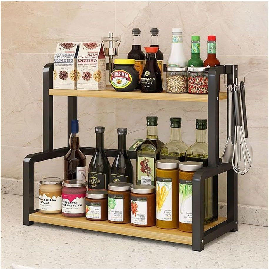 Carla Home 2 Tier Wooden Kitchen Countertop Spice Rack For Storage Of Condiments Oils Jars & Seasoning Bottles