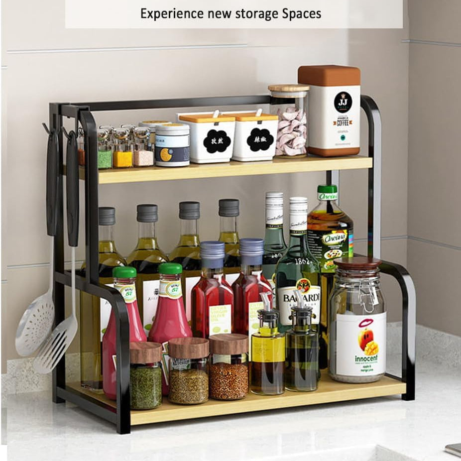 Carla Home 2 Tier Wooden Kitchen Countertop Spice Rack For Storage Of Condiments Oils Jars & Seasoning Bottles