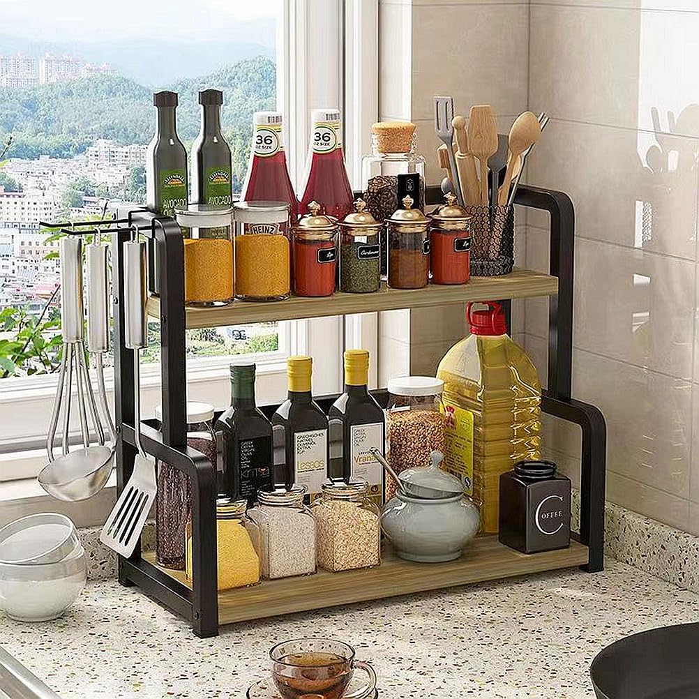 Carla Home 2 Tier Wooden Kitchen Countertop Spice Rack For Storage Of Condiments Oils Jars & Seasoning Bottles