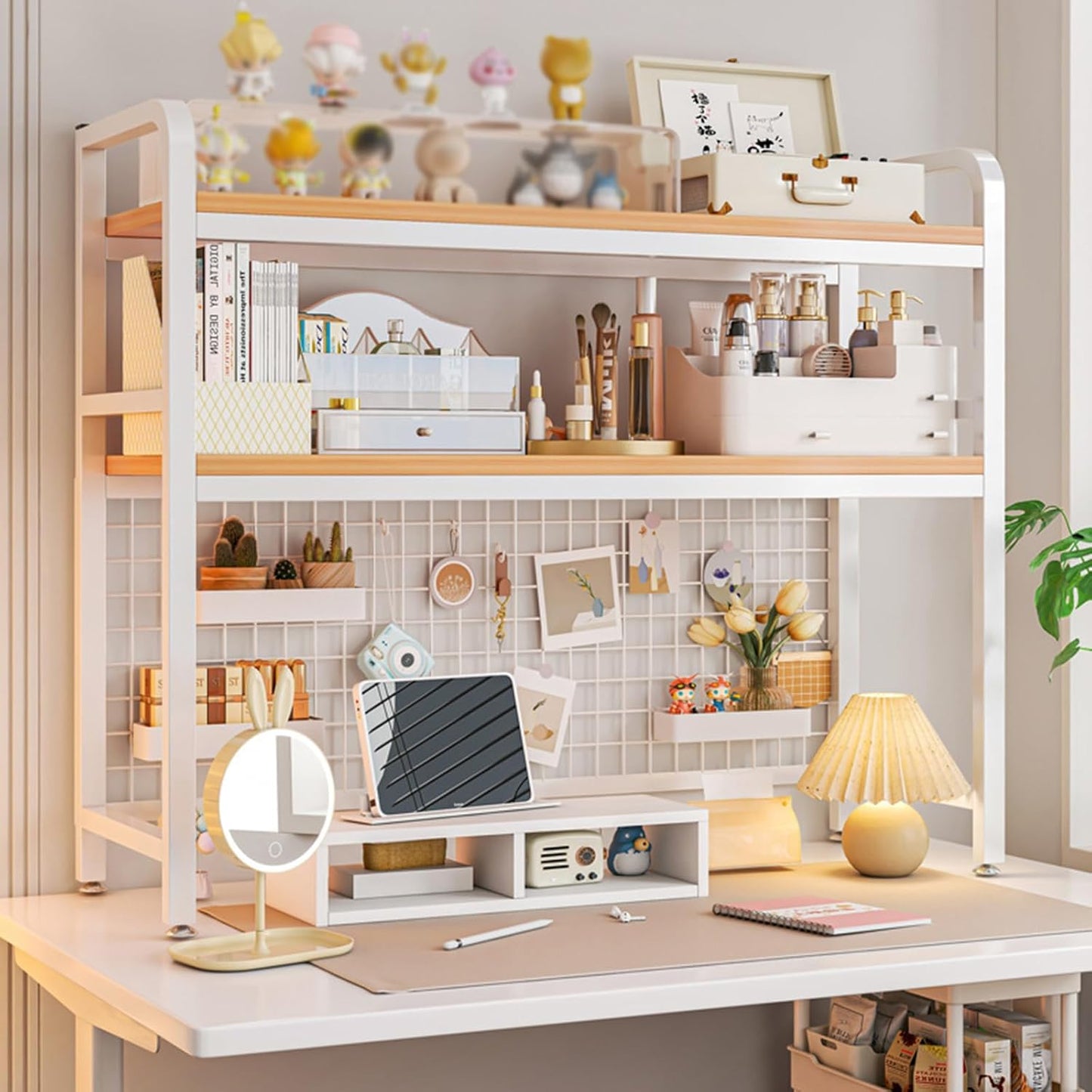 Carla Home 2 Tier Metal Desktop Hutch Bookshelf With Grid Panel For Computer And Office Countertop