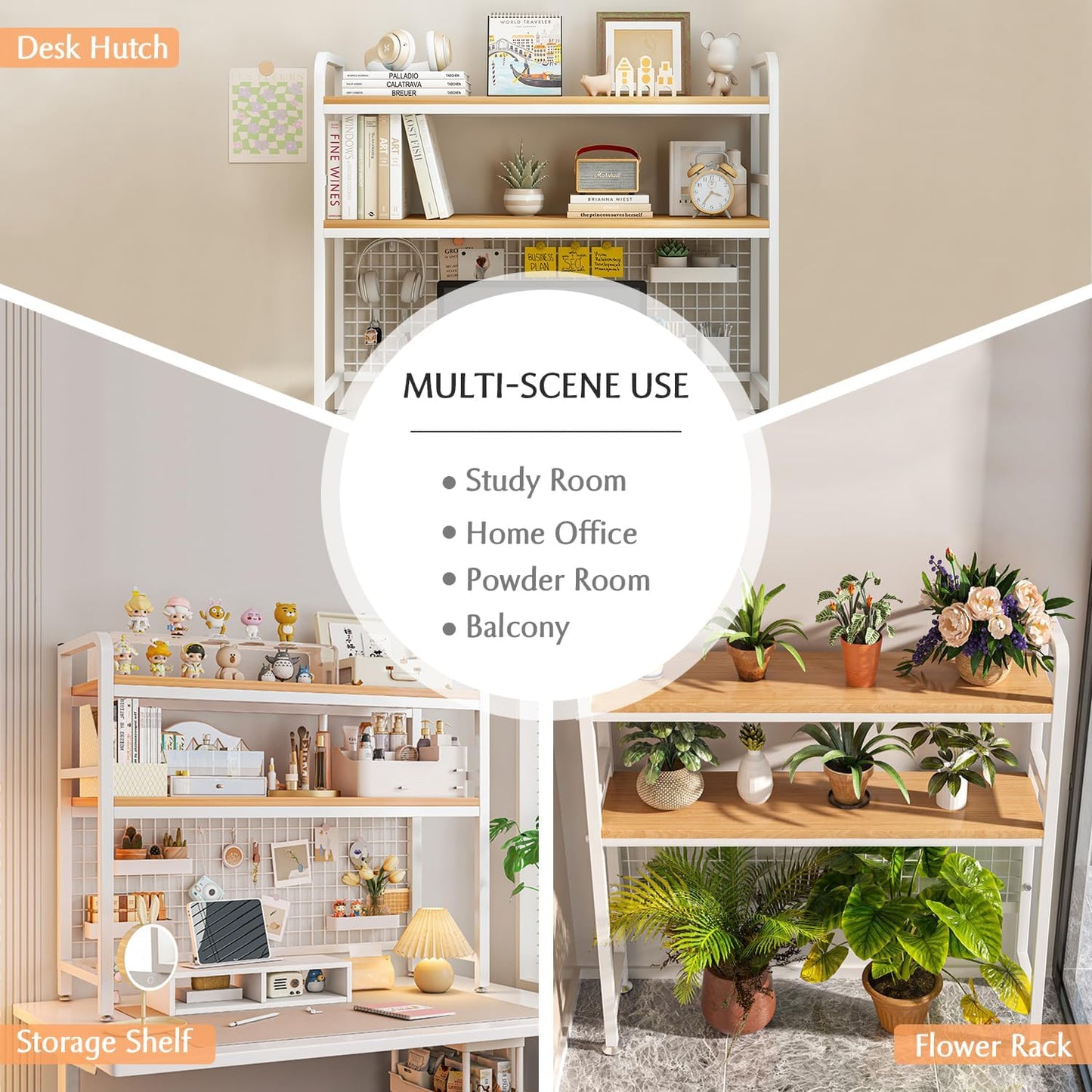 Carla Home 2 Tier Metal Desktop Hutch Bookshelf With Grid Panel For Computer And Office Countertop