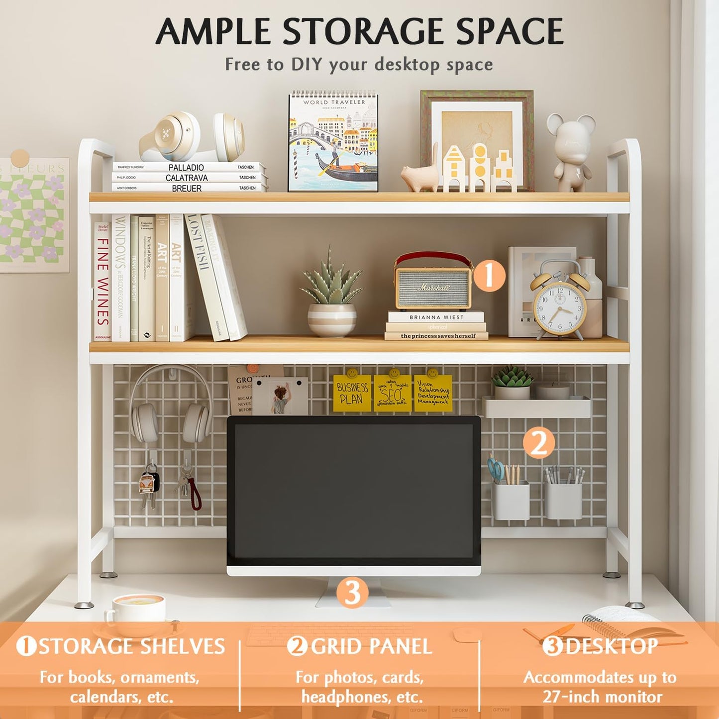 Carla Home 2 Tier Metal Desktop Hutch Bookshelf With Grid Panel For Computer And Office Countertop