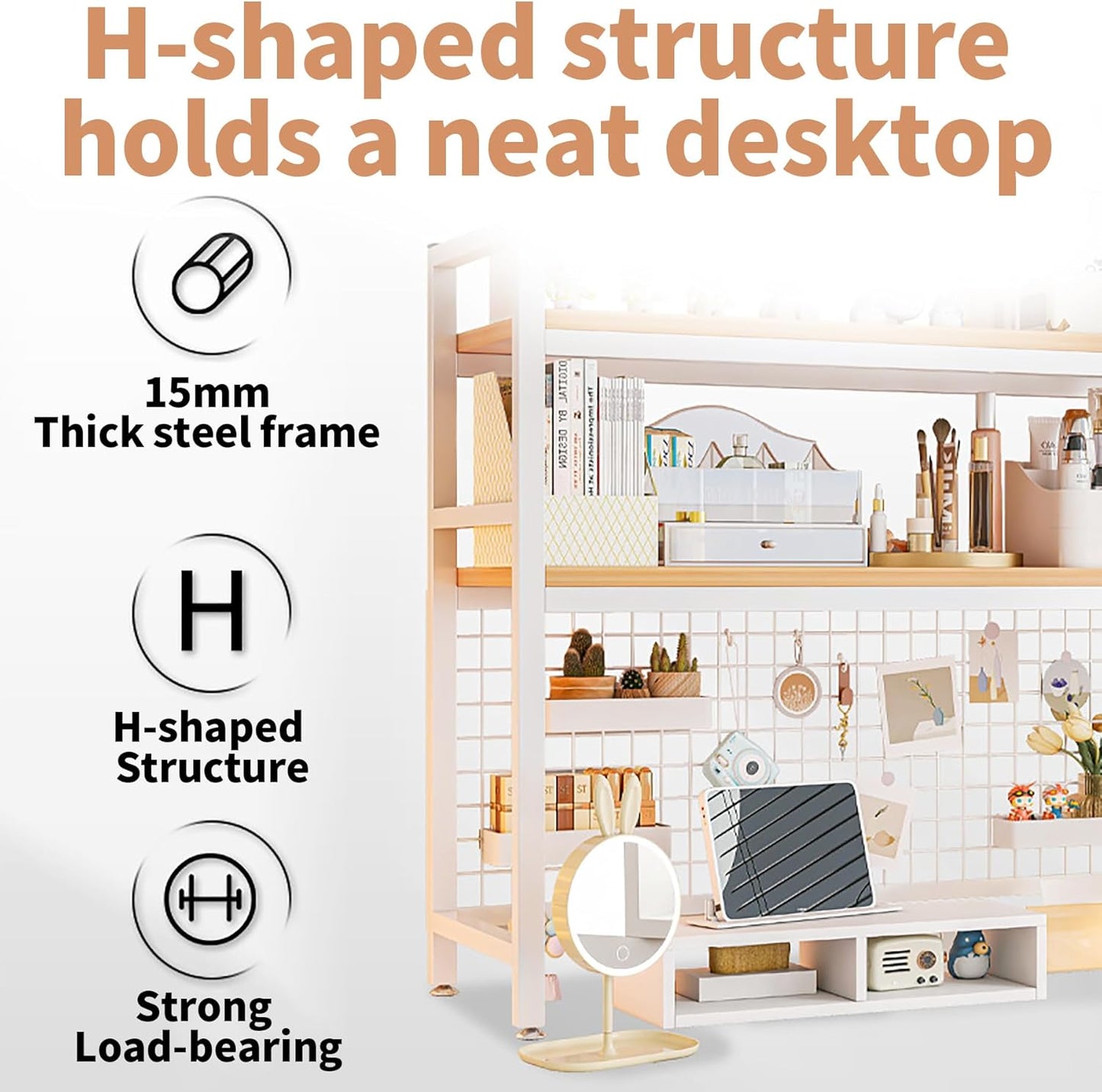 Carla Home 2 Tier Metal Desktop Hutch Bookshelf With Grid Panel For Computer And Office Countertop