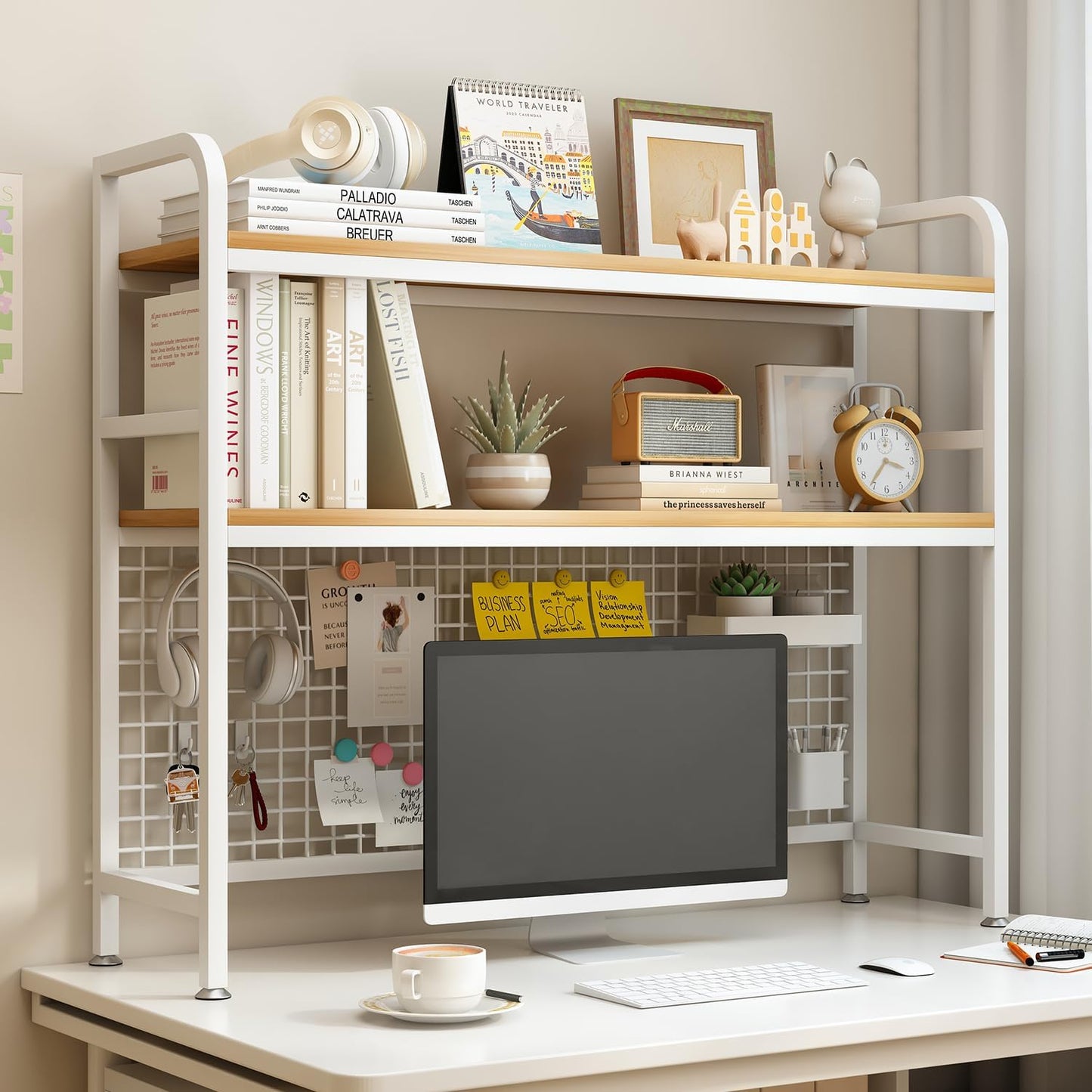 Carla Home 2 Tier Metal Desktop Hutch Bookshelf With Grid Panel For Computer And Office Countertop