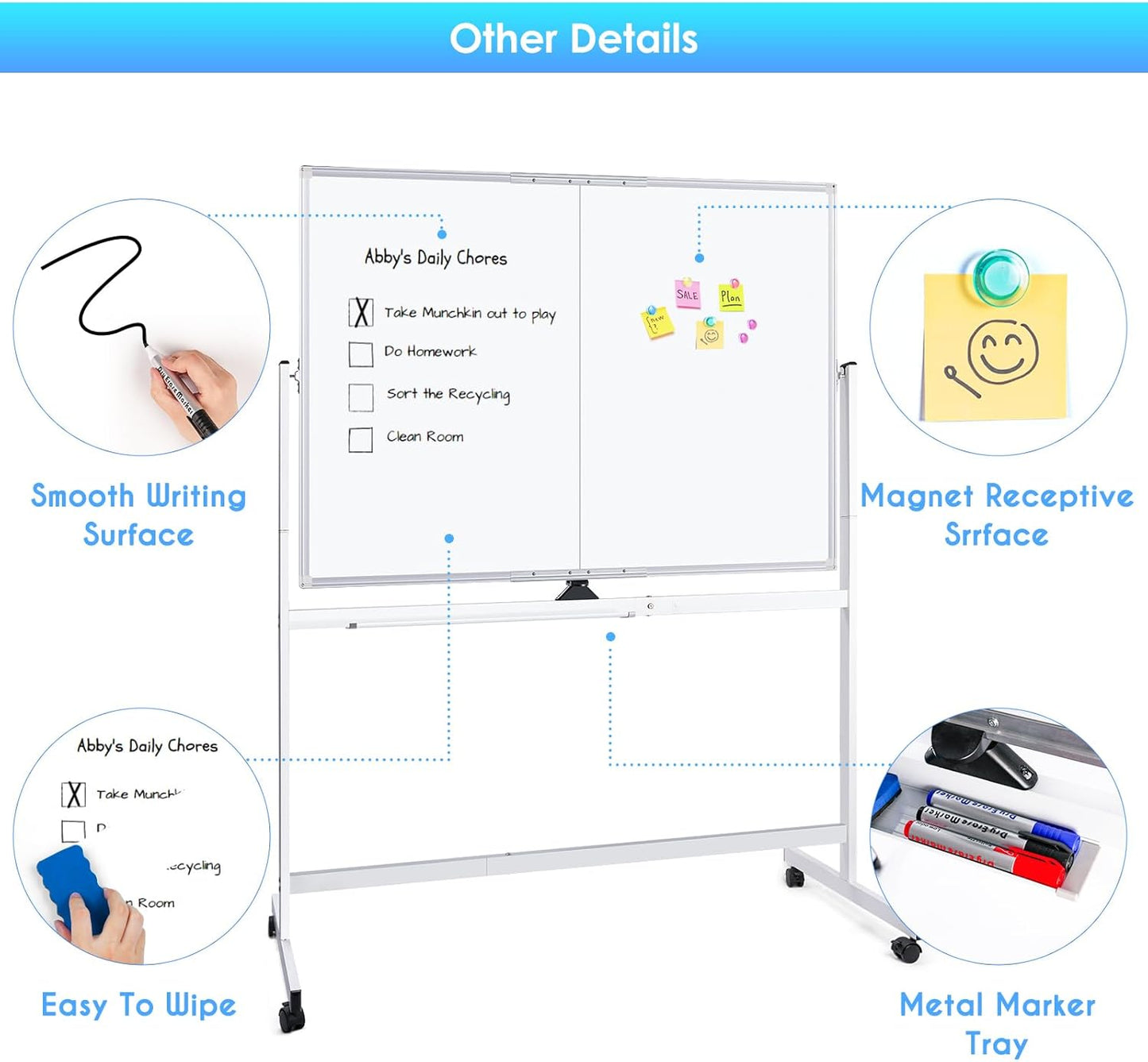 Carla Home Double Sided Magnetic Whiteboard 120X90cm With Wheels Reversible Design For School Office &
