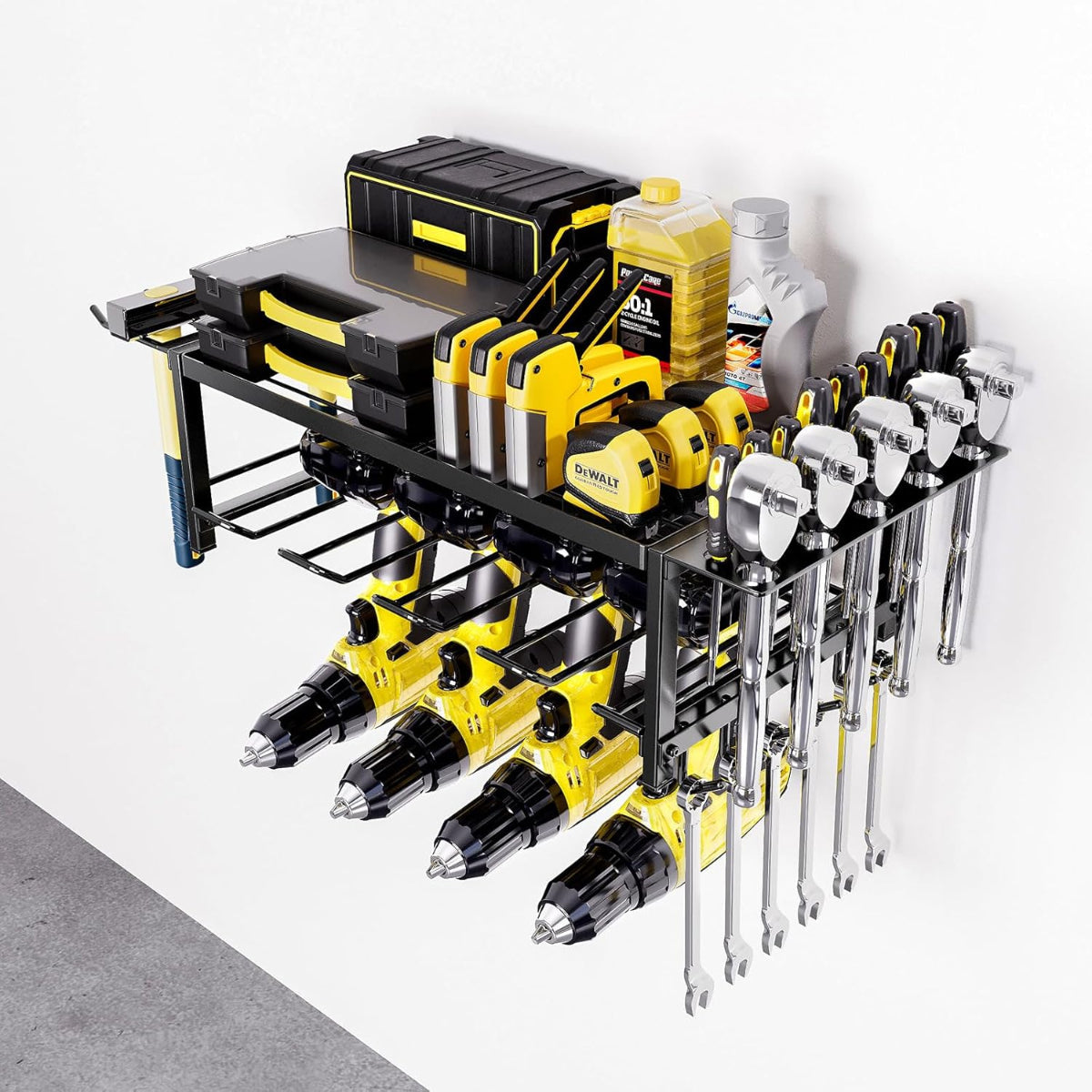 Carla Home 2 Tier Power Tool Rack Organiser Wall Mount With Drill Holder & Wrench Hooks For Cordless Tools Workshop Orga