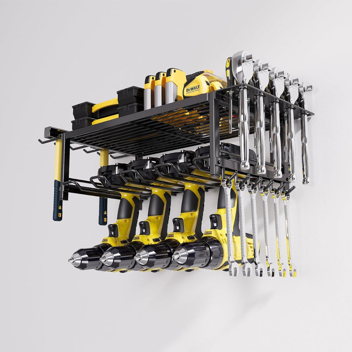 Carla Home 2 Tier Power Tool Rack Organiser Wall Mount With Drill Holder & Wrench Hooks For Cordless Tools Workshop Orga