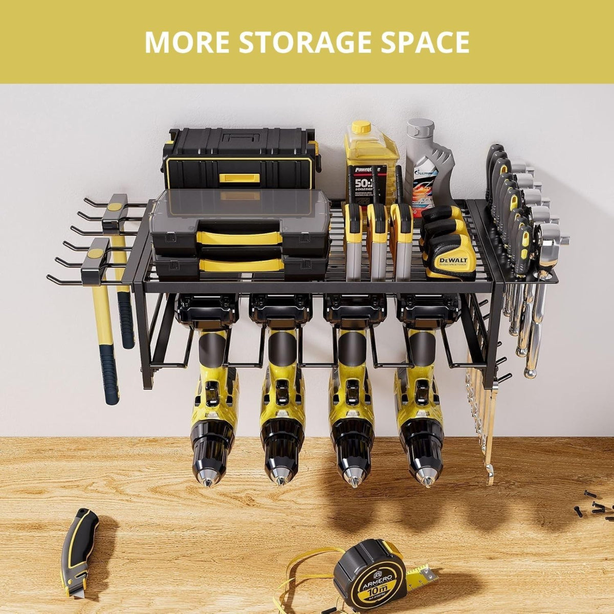 Carla Home 2 Tier Power Tool Rack Organiser Wall Mount With Drill Holder & Wrench Hooks For Cordless Tools Workshop Orga