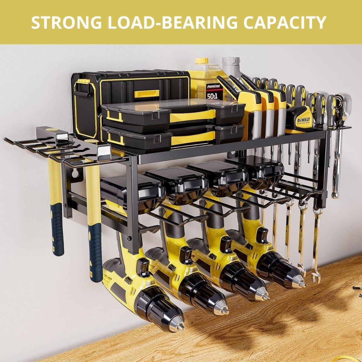 Carla Home 2 Tier Power Tool Rack Organiser Wall Mount With Drill Holder & Wrench Hooks For Cordless Tools Workshop Orga