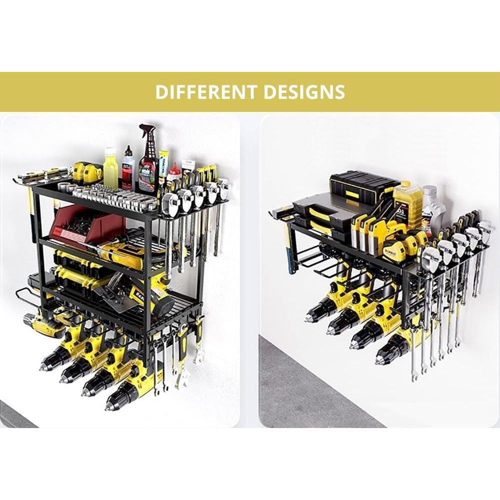 Carla Home 2 Tier Power Tool Rack Organiser Wall Mount With Drill Holder & Wrench Hooks For Cordless Tools Workshop Orga