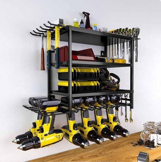 Carla Home 4 Tier Power Tool Rack Organizer Wall Mount With Drill Holder & Wrench Hooks For Cordless Tools Workshop Orga