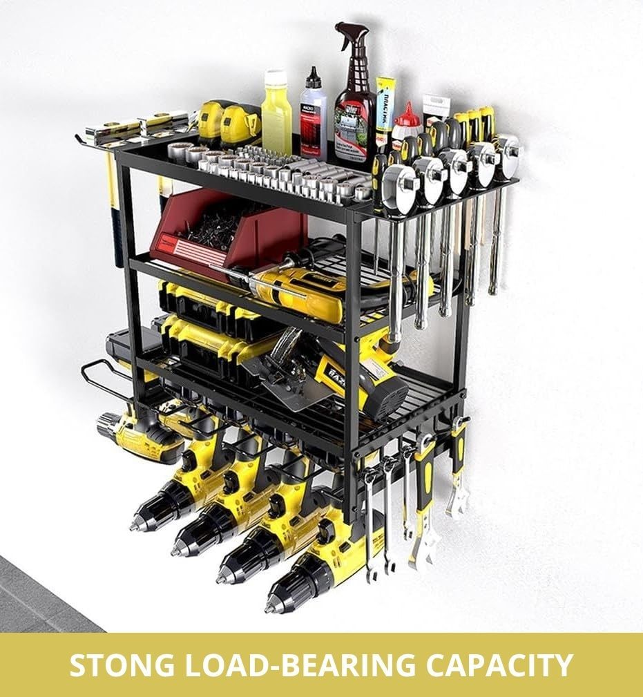 Carla Home 4 Tier Power Tool Rack Organizer Wall Mount With Drill Holder & Wrench Hooks For Cordless Tools Workshop Orga