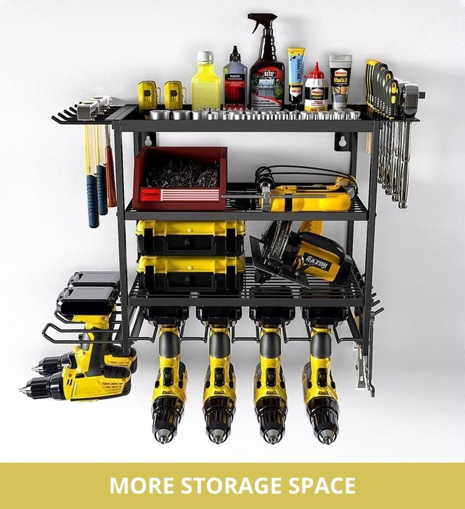 Carla Home 4 Tier Power Tool Rack Organizer Wall Mount With Drill Holder & Wrench Hooks For Cordless Tools Workshop Orga