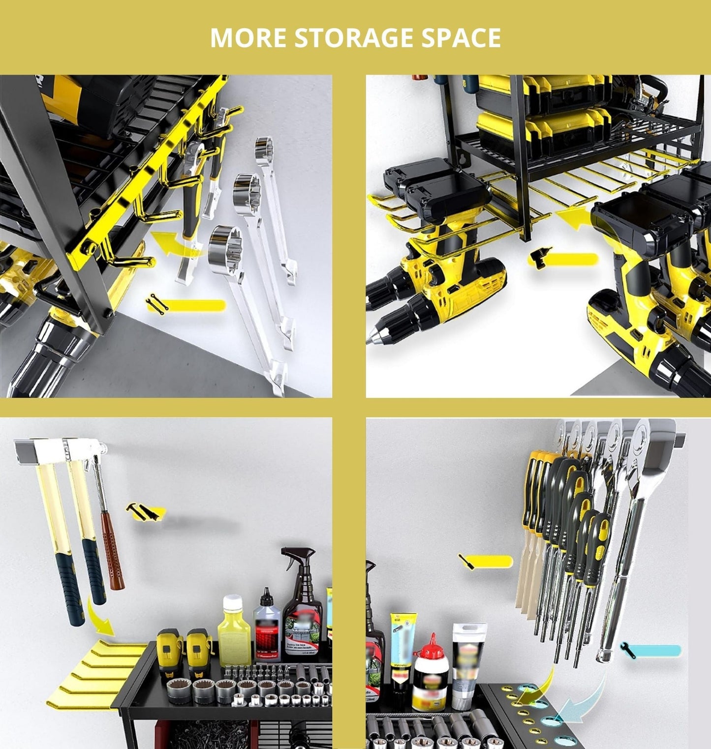 Carla Home 4 Tier Power Tool Rack Organizer Wall Mount With Drill Holder & Wrench Hooks For Cordless Tools Workshop Orga
