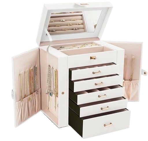 Carla Home 6 Layer Large Jewelry Box For Women With Drawers Mirror Lock Necklace Hooks & Side Compartments Rings Earring