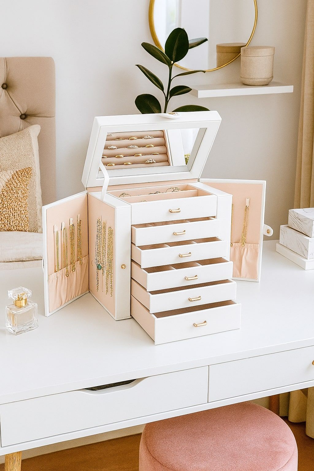 Carla Home 6 Layer Large Jewelry Box For Women With Drawers Mirror Lock Necklace Hooks & Side Compartments Rings Earring
