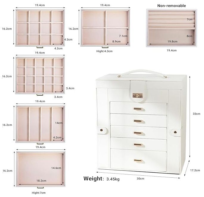 Carla Home 6 Layer Large Jewelry Box For Women With Drawers Mirror Lock Necklace Hooks & Side Compartments Rings Earring