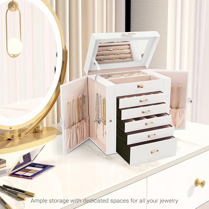 Carla Home 6 Layer Large Jewelry Box For Women With Drawers Mirror Lock Necklace Hooks & Side Compartments Rings Earring