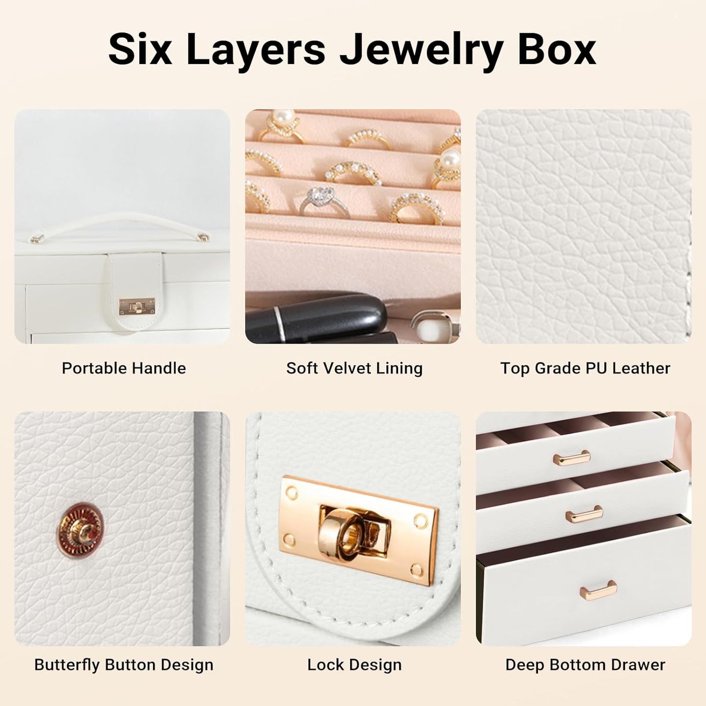 Carla Home 6 Layer Large Jewelry Box For Women With Drawers Mirror Lock Necklace Hooks & Side Compartments Rings Earring