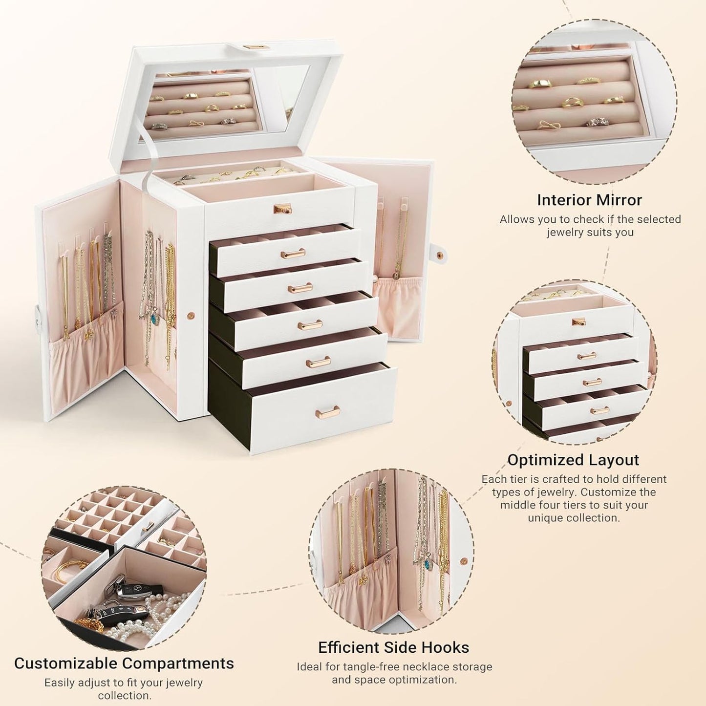 Carla Home 6 Layer Large Jewelry Box For Women With Drawers Mirror Lock Necklace Hooks & Side Compartments Rings Earring