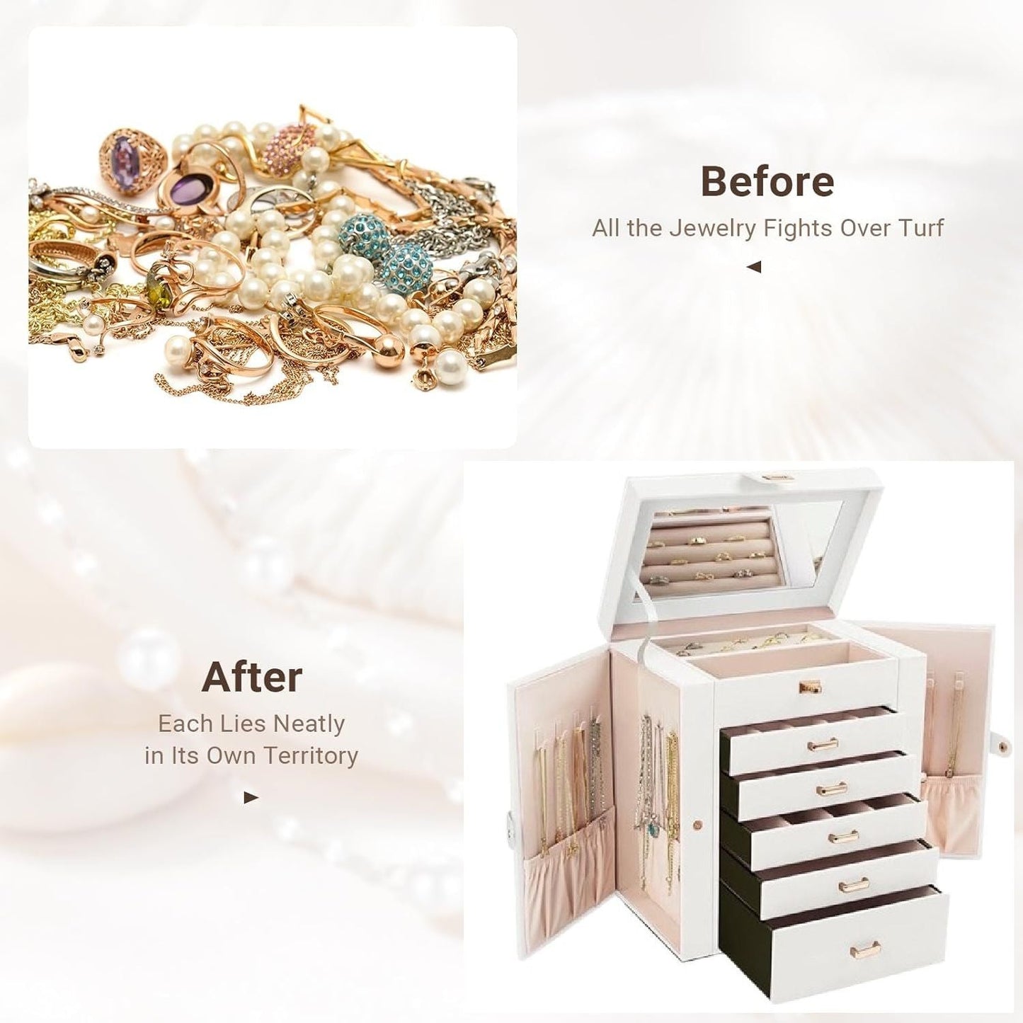 Carla Home 6 Layer Large Jewelry Box For Women With Drawers Mirror Lock Necklace Hooks & Side Compartments Rings Earring