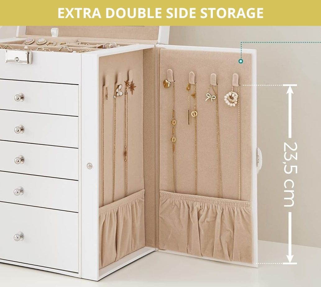 Carla Home 6 Layer Large Jewelry Box For Women With Drawers Mirror Lock Necklace Hooks & Side Compartments Rings Earring