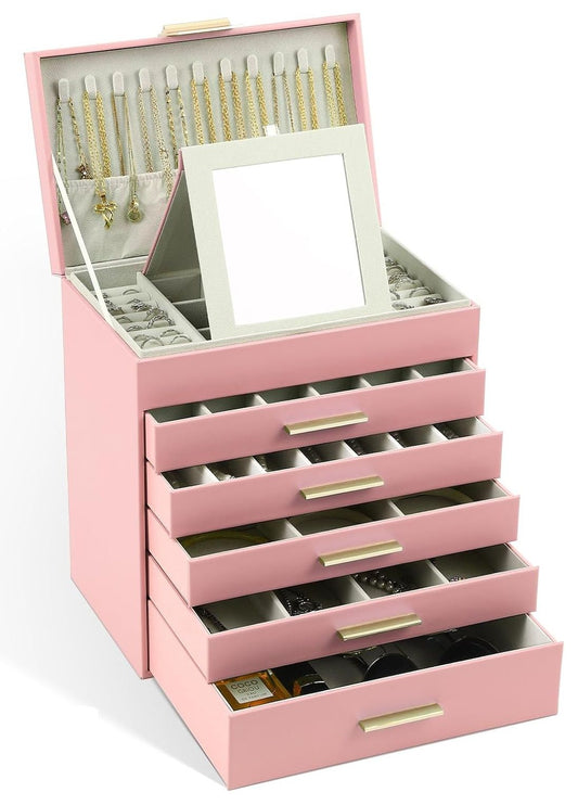 Carla Home 6 Layer Large Jewelry Organizer Box For Women With Mirror Drawers Hooks & Dividers Rings Necklaces Bracelets