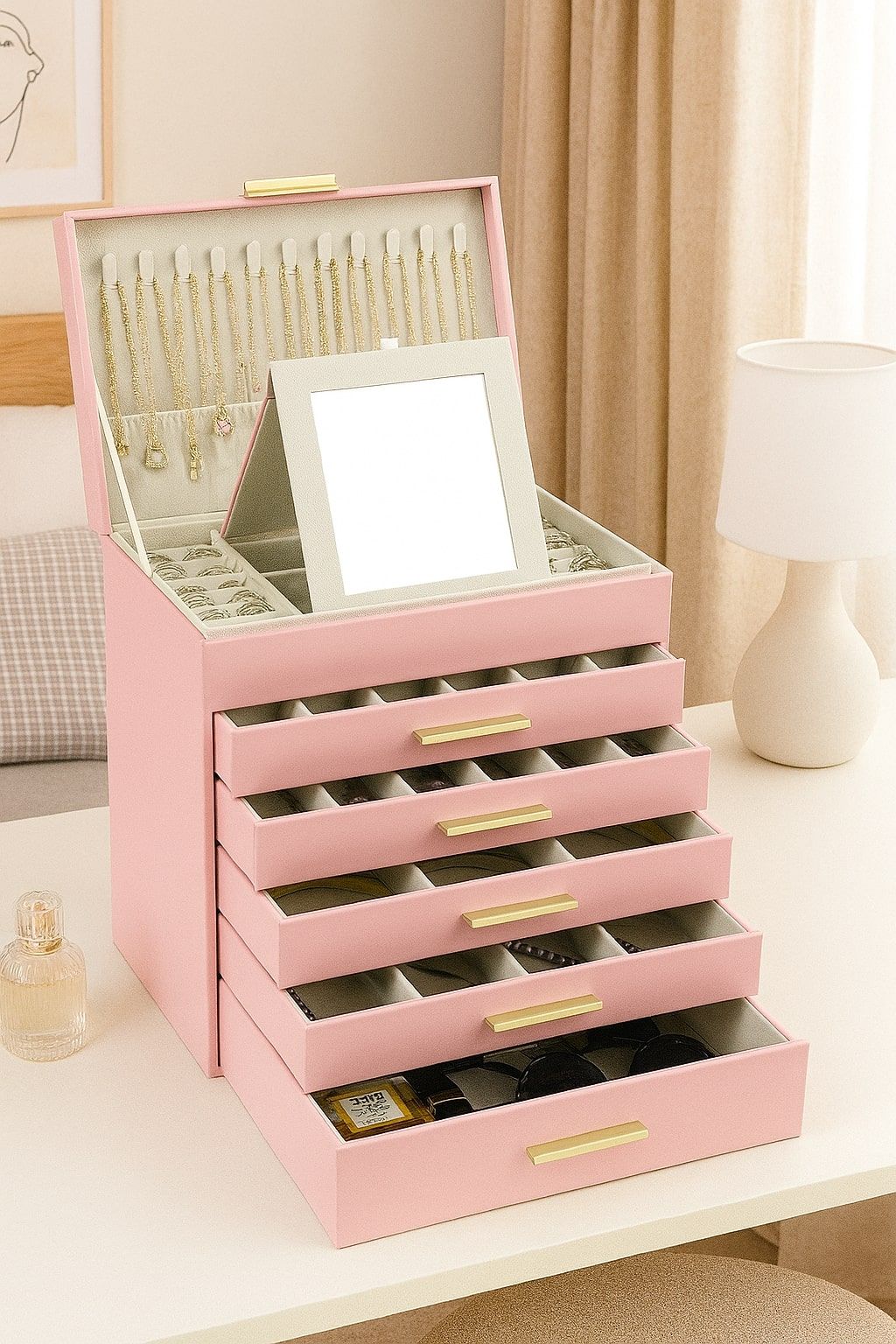 Carla Home 6 Layer Large Jewelry Organizer Box For Women With Mirror Drawers Hooks & Dividers Rings Necklaces Bracelets