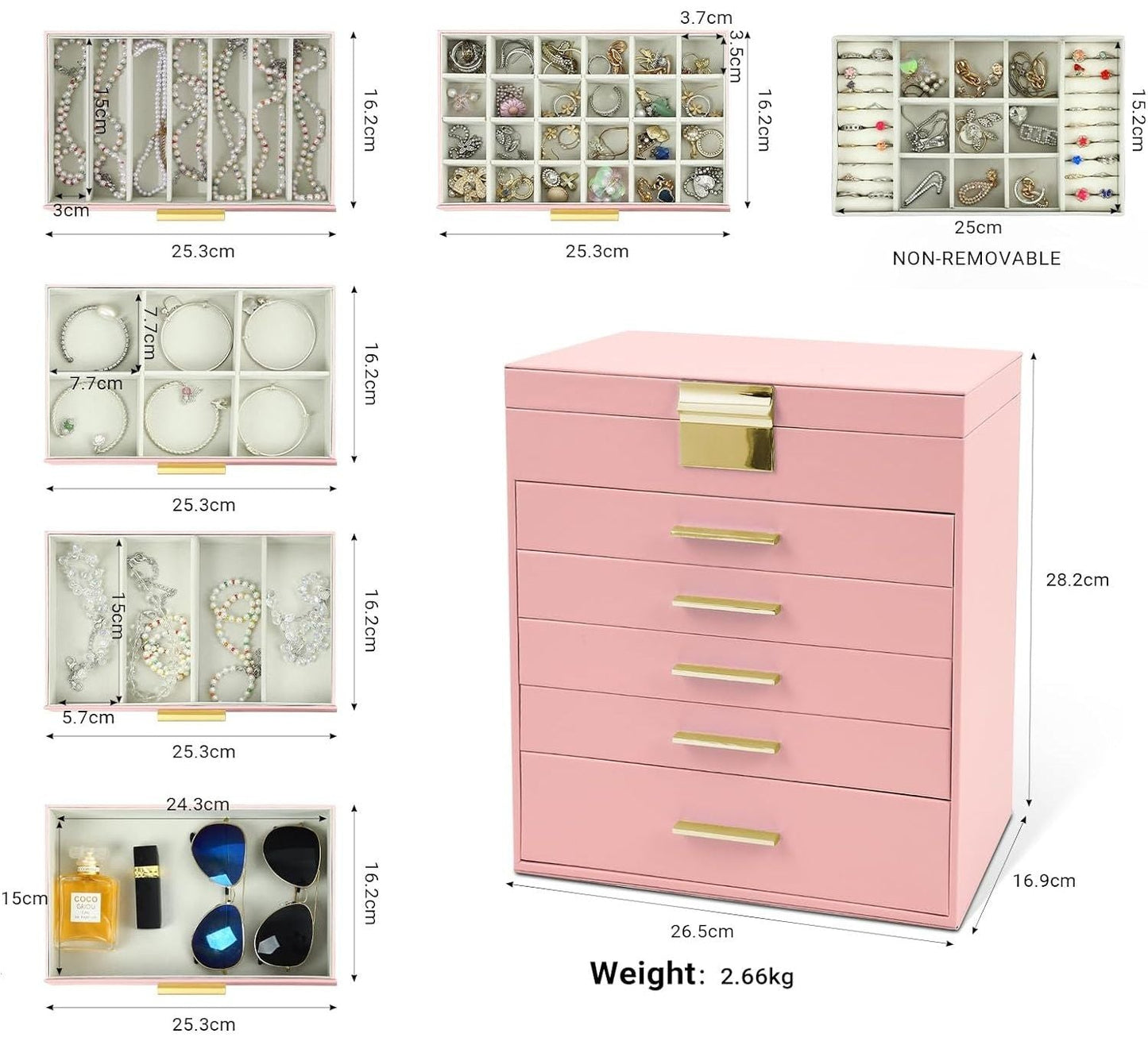 Carla Home 6 Layer Large Jewelry Organizer Box For Women With Mirror Drawers Hooks & Dividers Rings Necklaces Bracelets