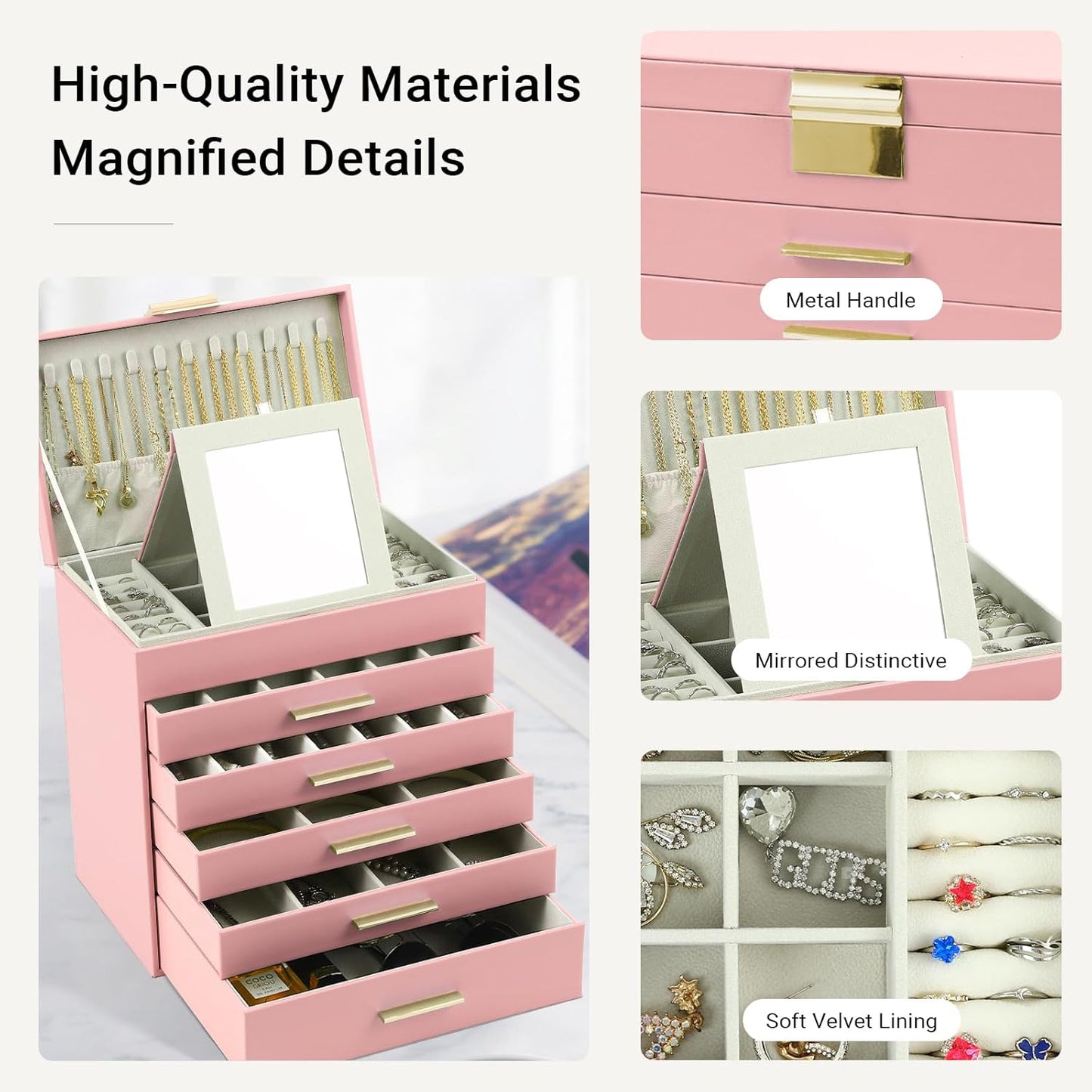 Carla Home 6 Layer Large Jewelry Organizer Box For Women With Mirror Drawers Hooks & Dividers Rings Necklaces Bracelets