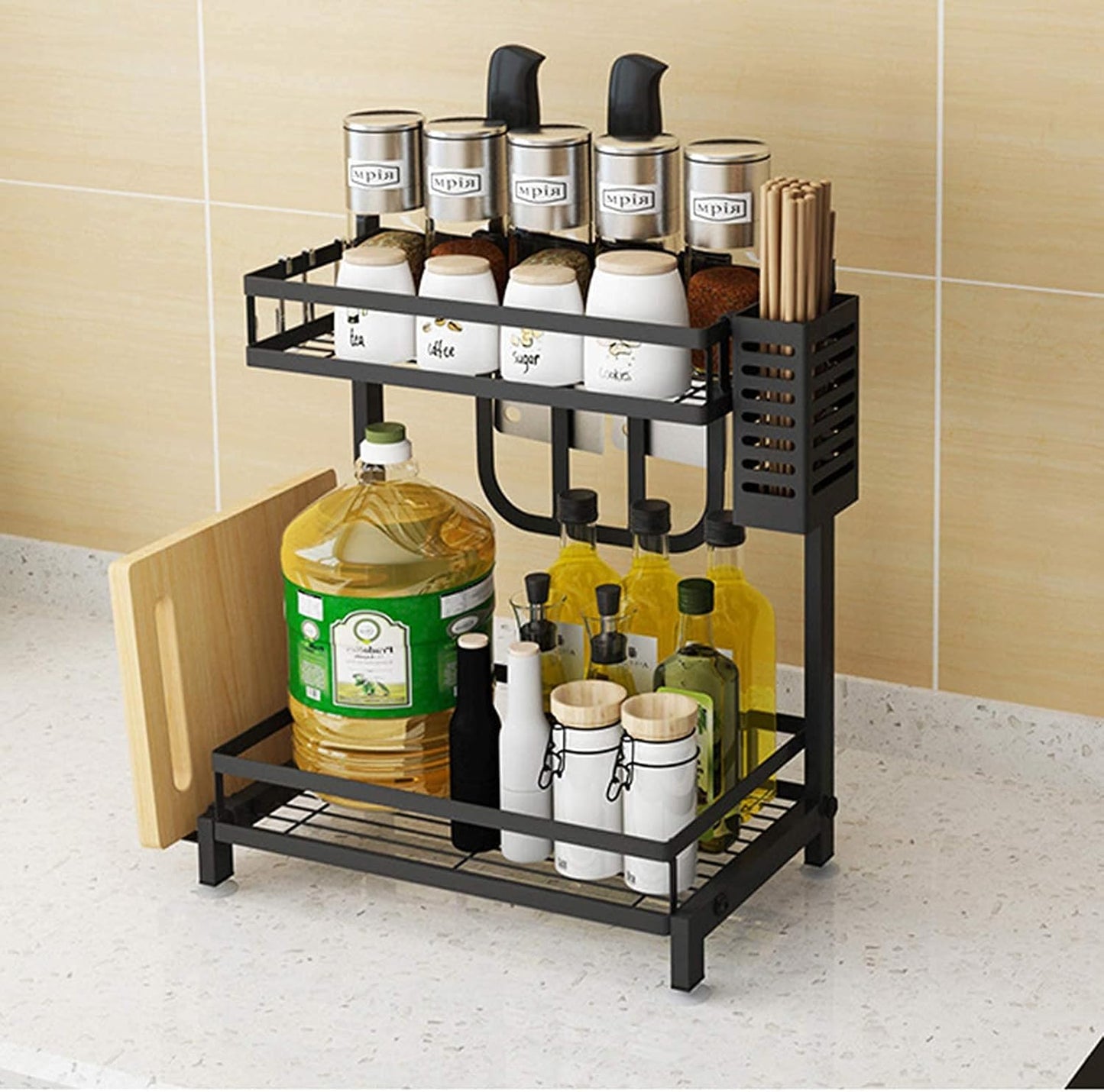 Carla Home 2 Tier Kitchen Spice Rack Organizer Storage Shelf For Condiments Oil Bottles Utensils Cutting Board & More