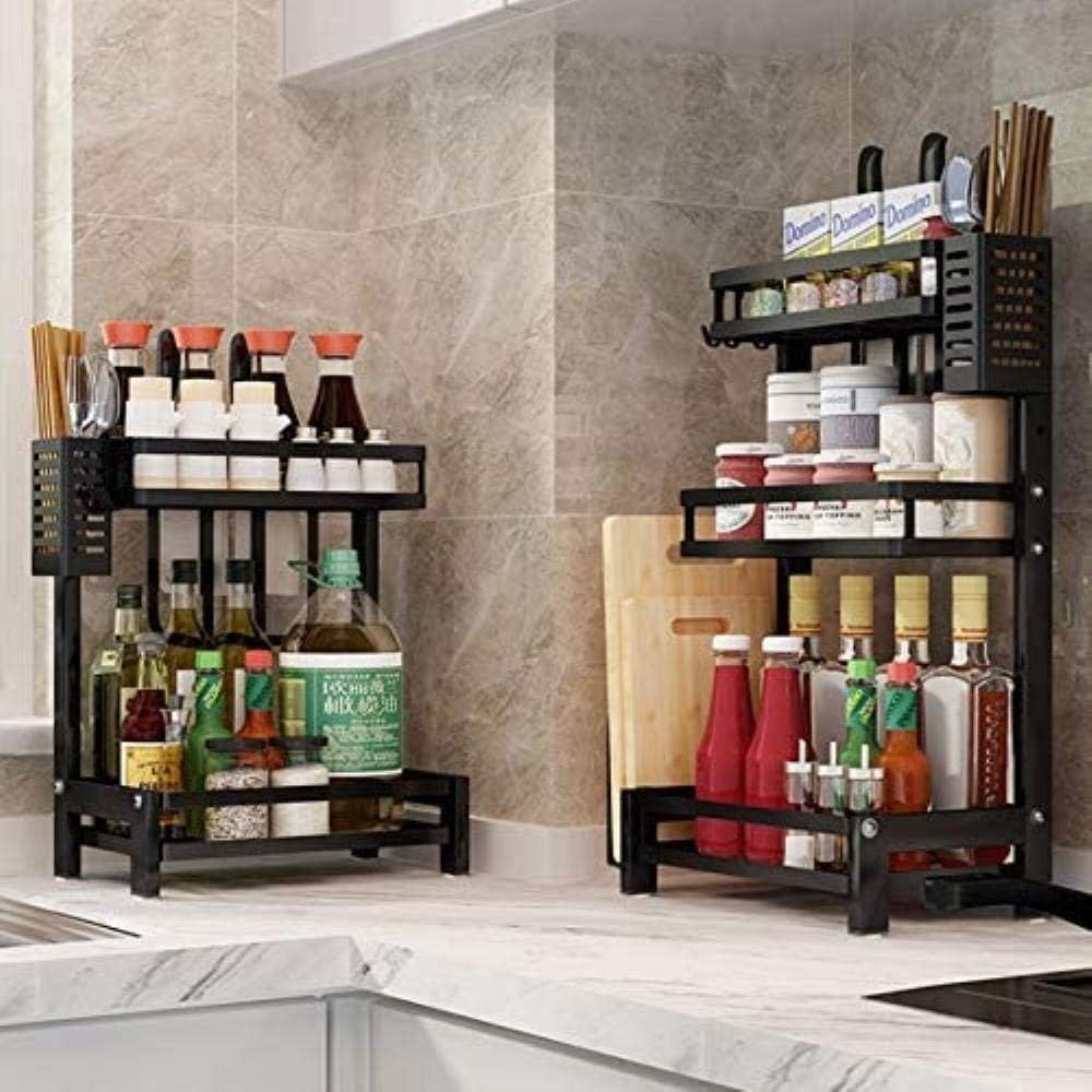 Carla Home 2 Tier Kitchen Spice Rack Organizer Storage Shelf For Condiments Oil Bottles Utensils Cutting Board & More