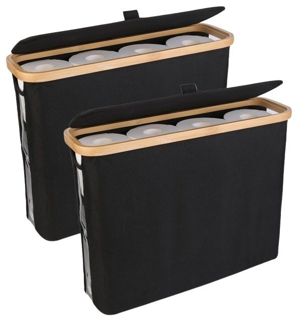 Carla Home 2 Pack Toilet Paper Storage Basket Holds Up 12 Rolls With Bamboo Lid And Handle For Rv Closet (Black)