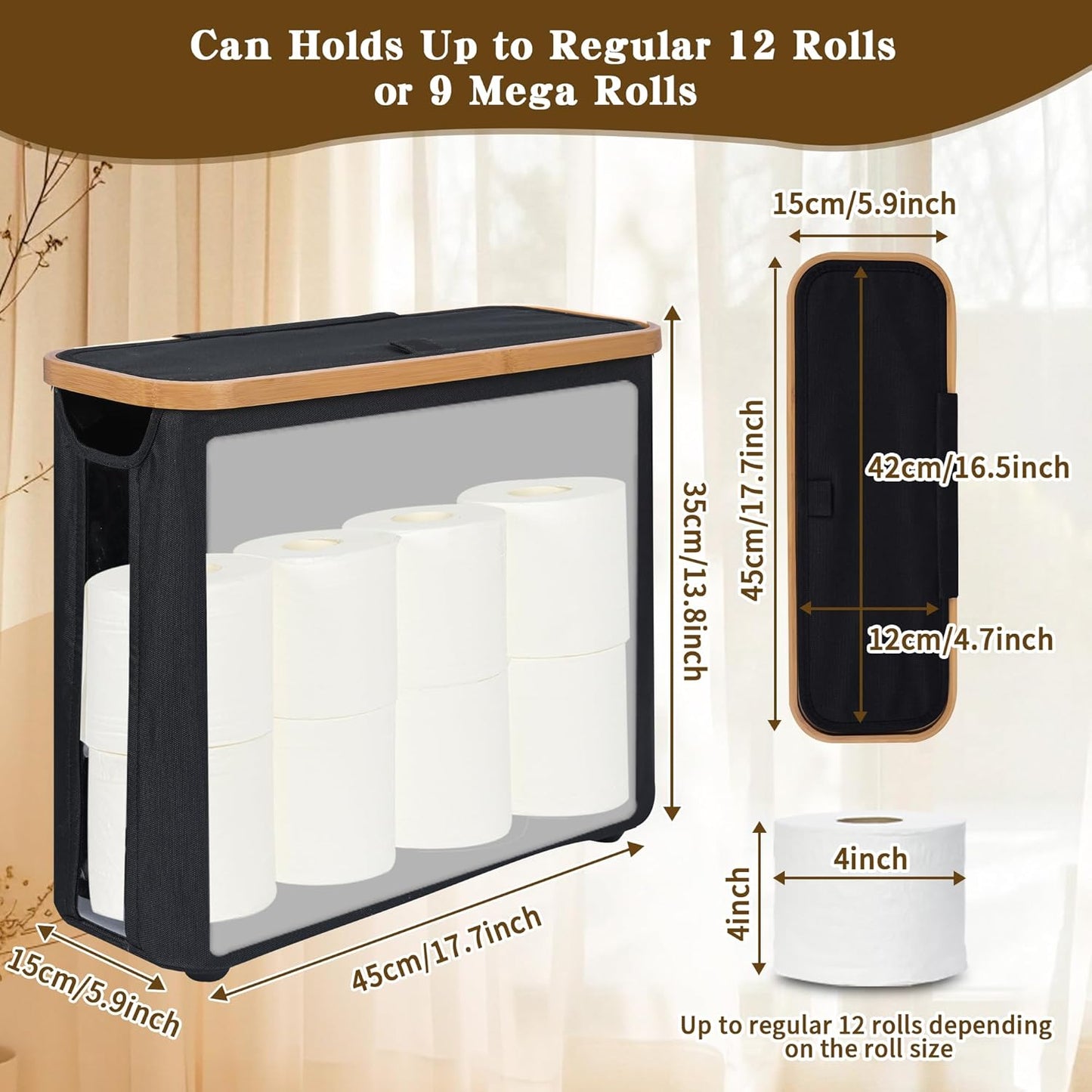 Carla Home 2 Pack Toilet Paper Storage Basket Holds Up 12 Rolls With Bamboo Lid And Handle For Rv Closet (Black)