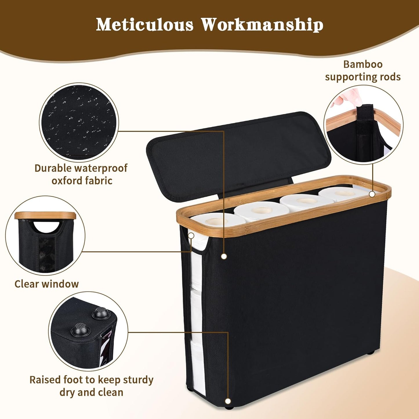 Carla Home 2 Pack Toilet Paper Storage Basket Holds Up 12 Rolls With Bamboo Lid And Handle For Rv Closet (Black)