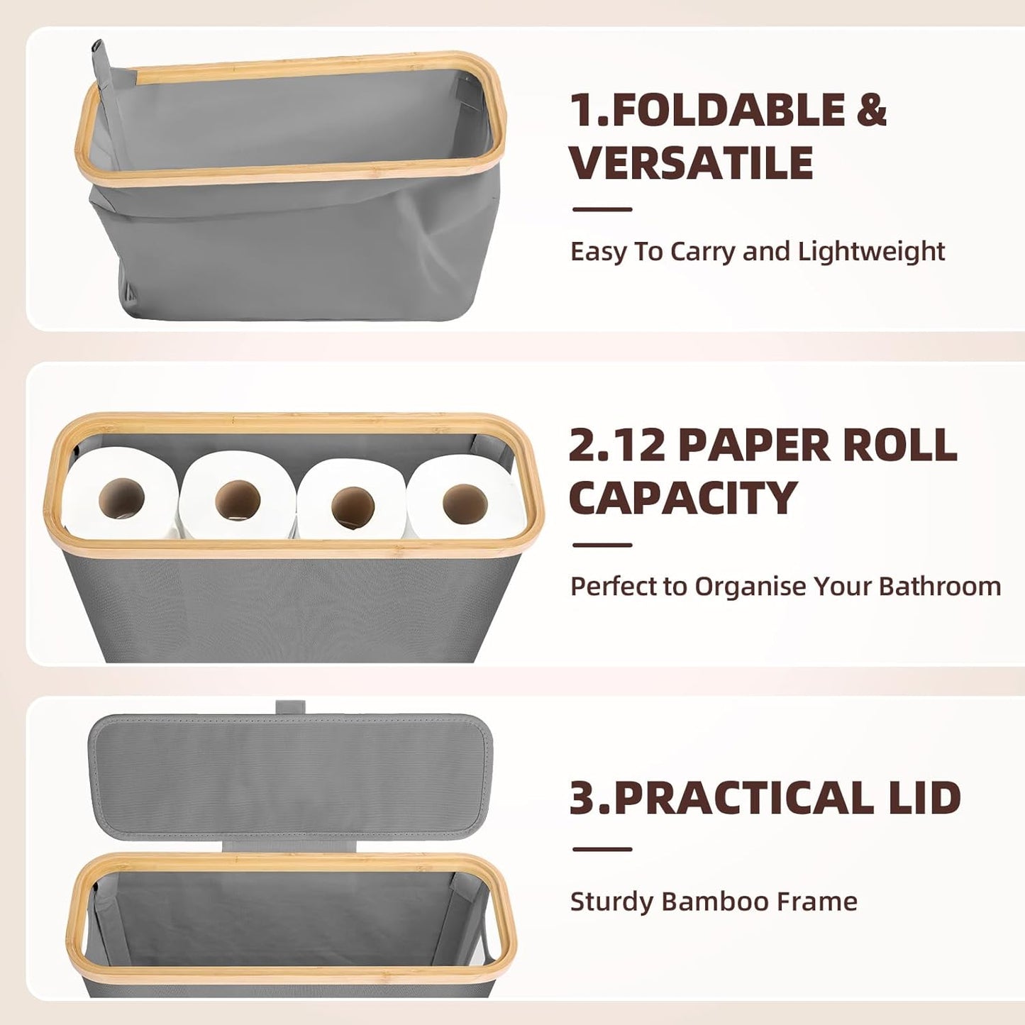 Carla Home 2 Pack Toilet Paper Storage Basket Holds Up 12 Rolls With Bamboo Lid And Handle For Rv Closet (Grey)