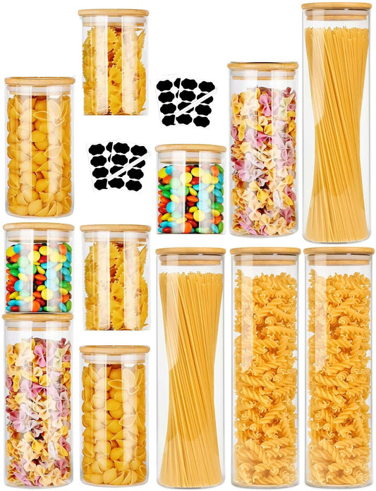 Carla Home 12 Pack Glass Storage Jars With Bamboo Lids For Kitchen Pantry Pasta Snacks Cookies Candy & More