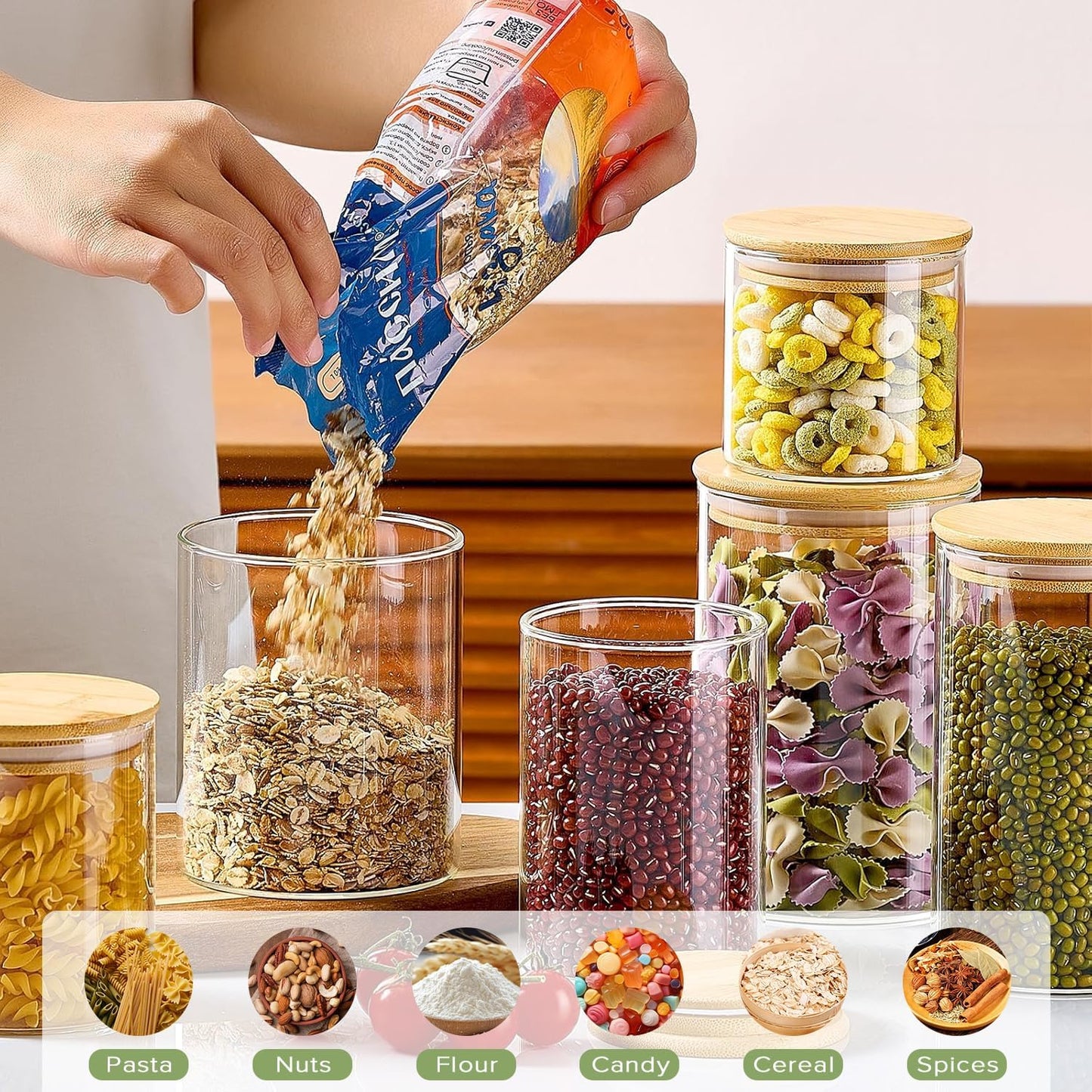 Carla Home 12 Pack Glass Storage Jars With Bamboo Lids For Kitchen Pantry Pasta Snacks Cookies Candy & More